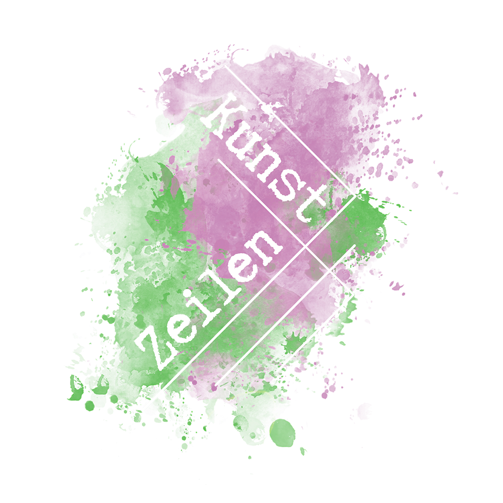 Das Logo von Kunstzeilen. Ein pinker und ein grüner Farbklecks sind hinter dem schrägen Kunstzeilen zu  sehen. Kunst steht seitlich oberhalb. Zeilen schräg darunter. Linien, die wie Zeilen wirken, umranden die zwei eigenständigen Wörter.
