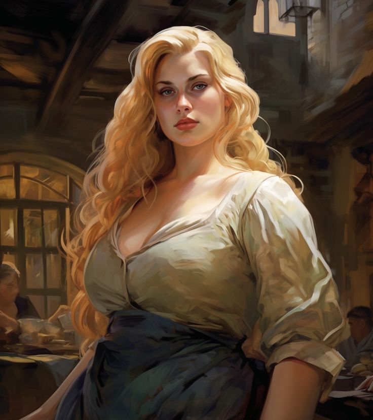 Eine mehrgewichtige Frau steht in einer mitteralterlichen Taverne. 