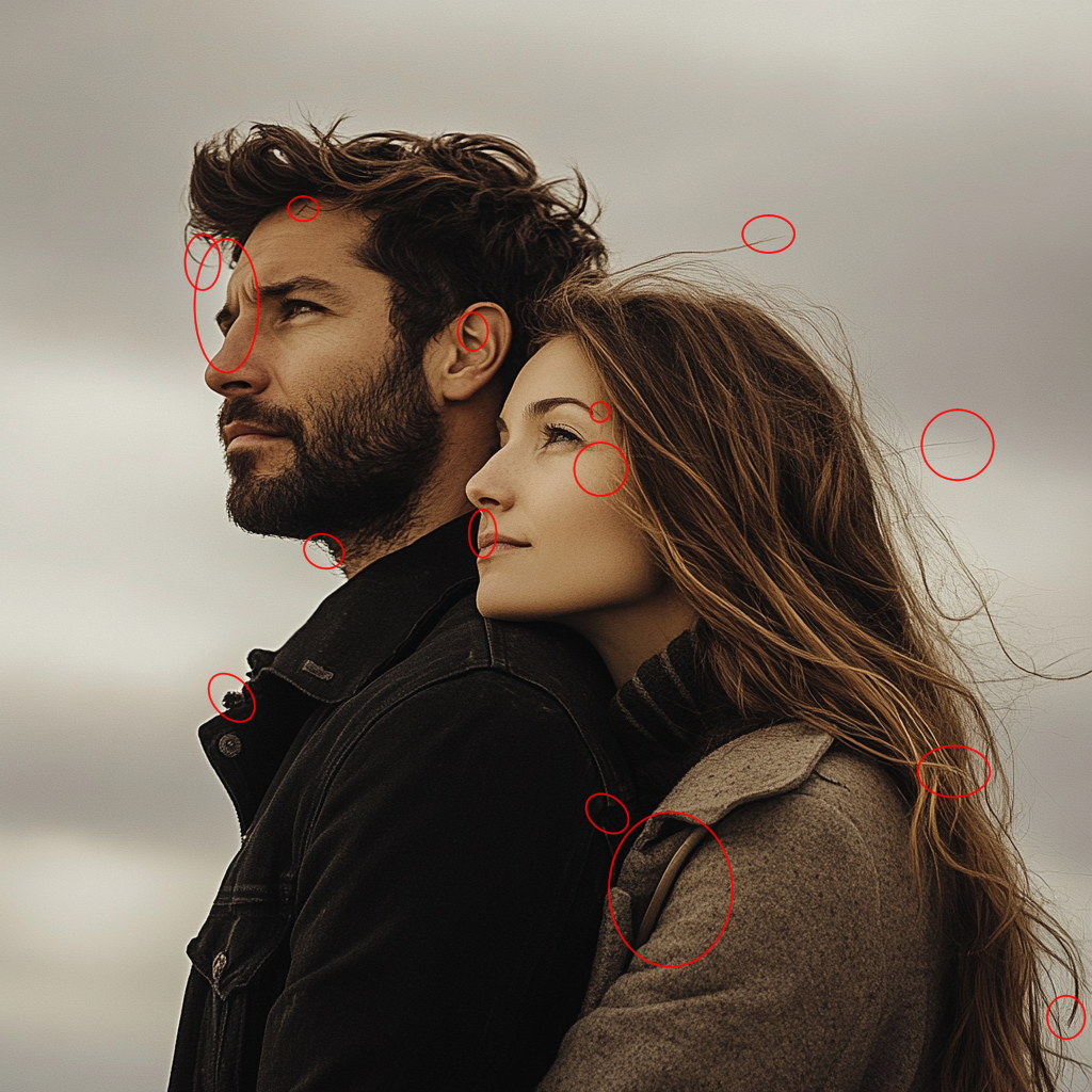 Foto: Ein Pärchen mit Jacken schaut in die Ferne. Fehler sind rot eingekreist.