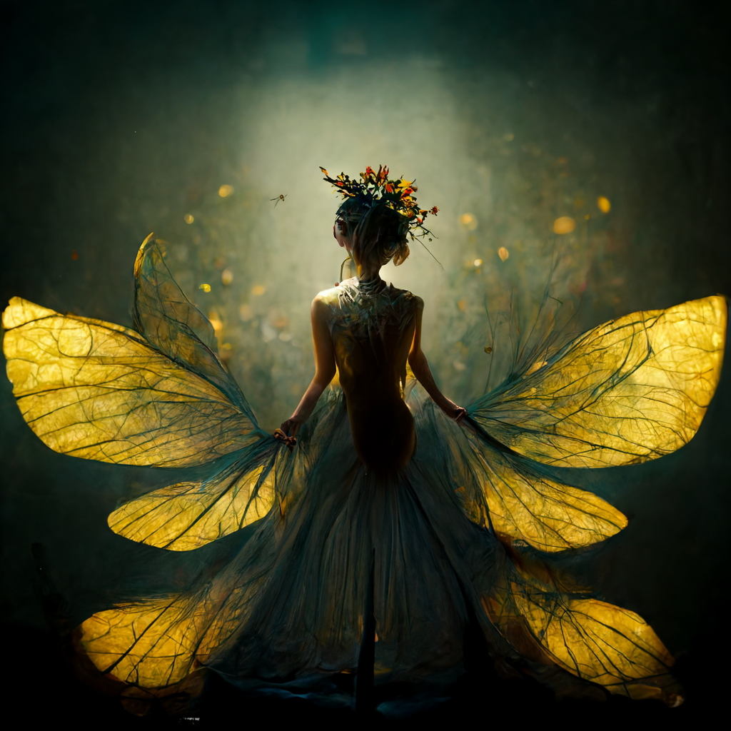Ein feenähnliches Wesen, das ihre Flügel in Händen hält.