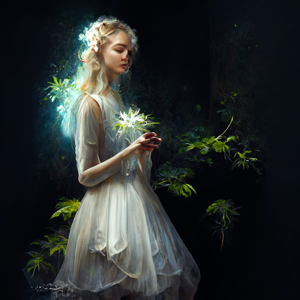 Eine Frau im weißen Kleid. Abstrakte Hände versuchen Blumen zu halten.