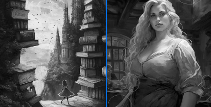 Zwei aufgeteilte KI Bilder. Links: Ein Mädchen wandert zwischen riesigen Büchstabel umher. Rechts: Eine mitteraltliche mehrgewichtige Frau steht in einer Taverne.