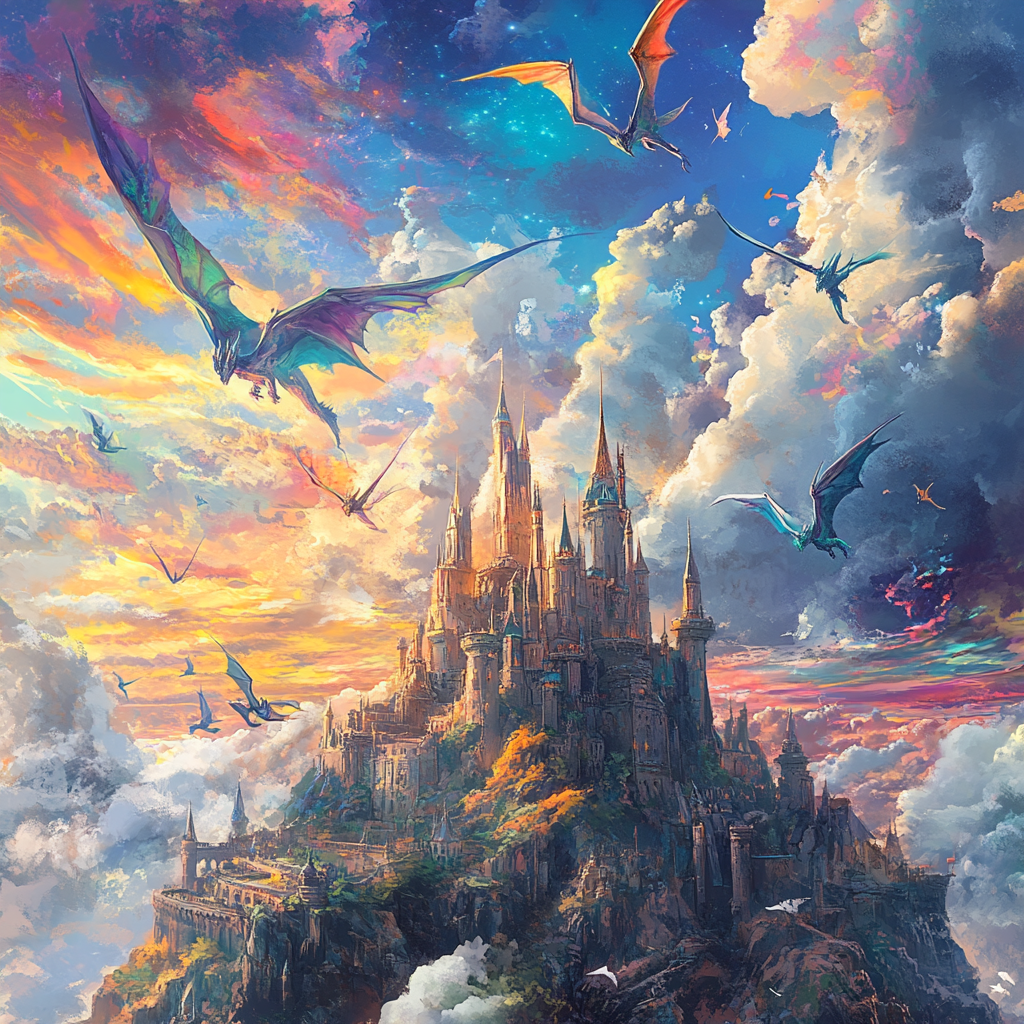 Bunte Drachen fliegen um ein Schloss. Der Himmel ist ebenso bunt.