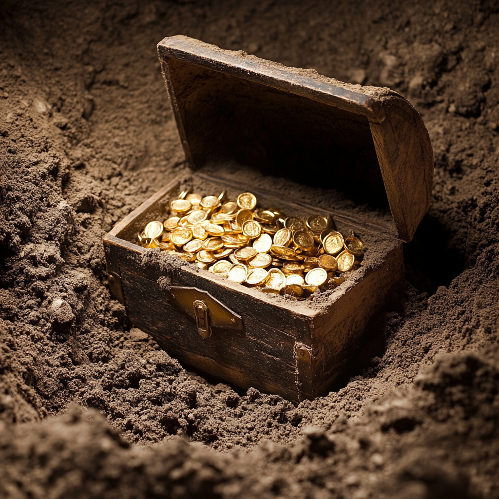 Eine Kiste mit Goldmünzen.