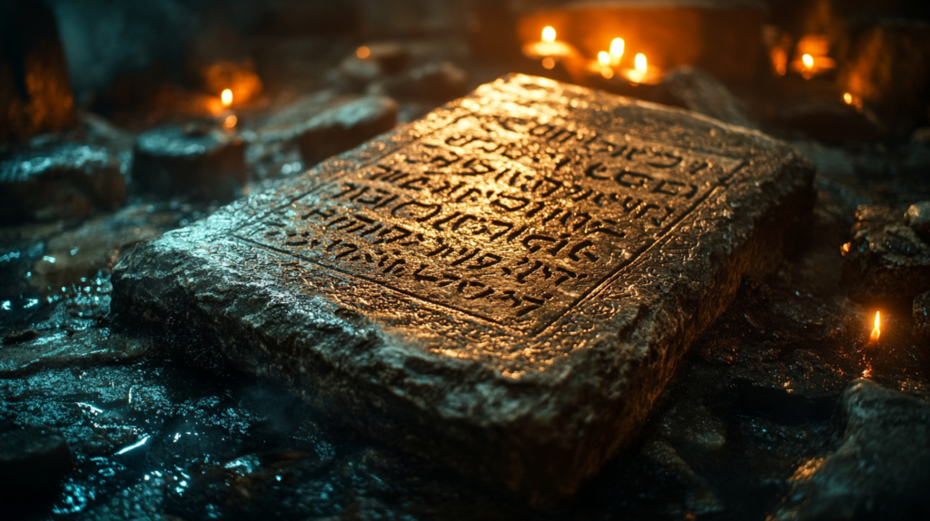 Eine atike Steintafel im Kerzenschein