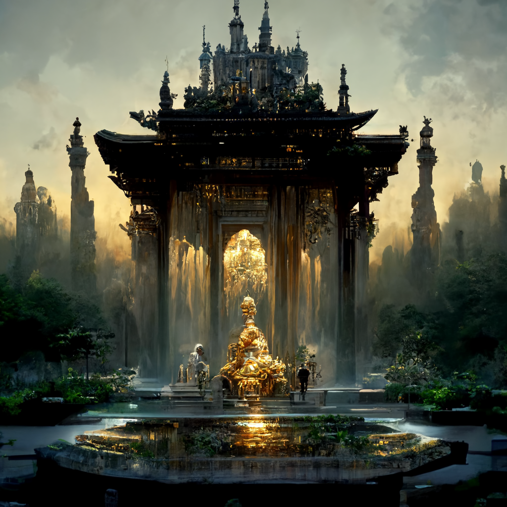 Ein Schlossvorhof mit goldenen Brunnen. Alle Details sind matschig.