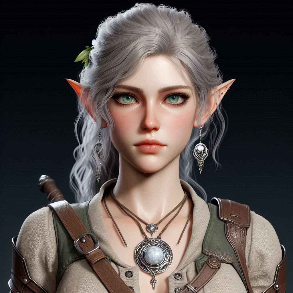 Portraitaufnahme einer 3D Elfe. Sie trägt eine Lederrüstung.