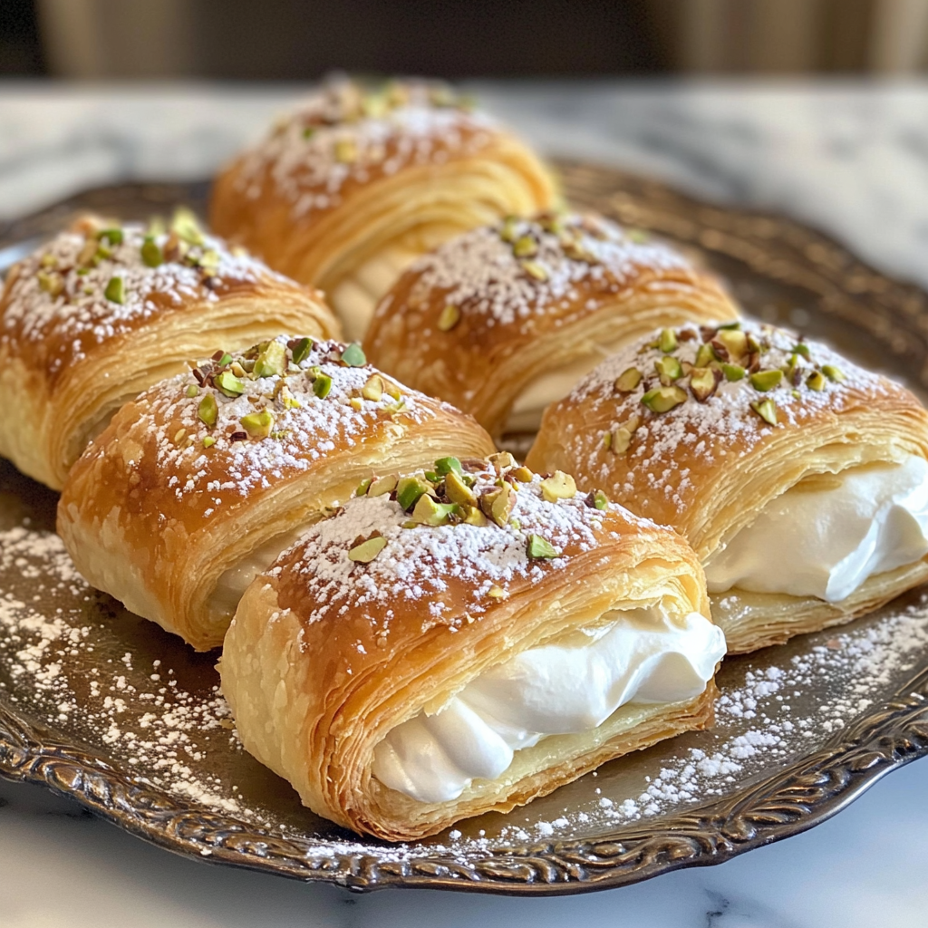 Blätterteigtaschen mit Sahnefüllung und Pistazien oben drauf.