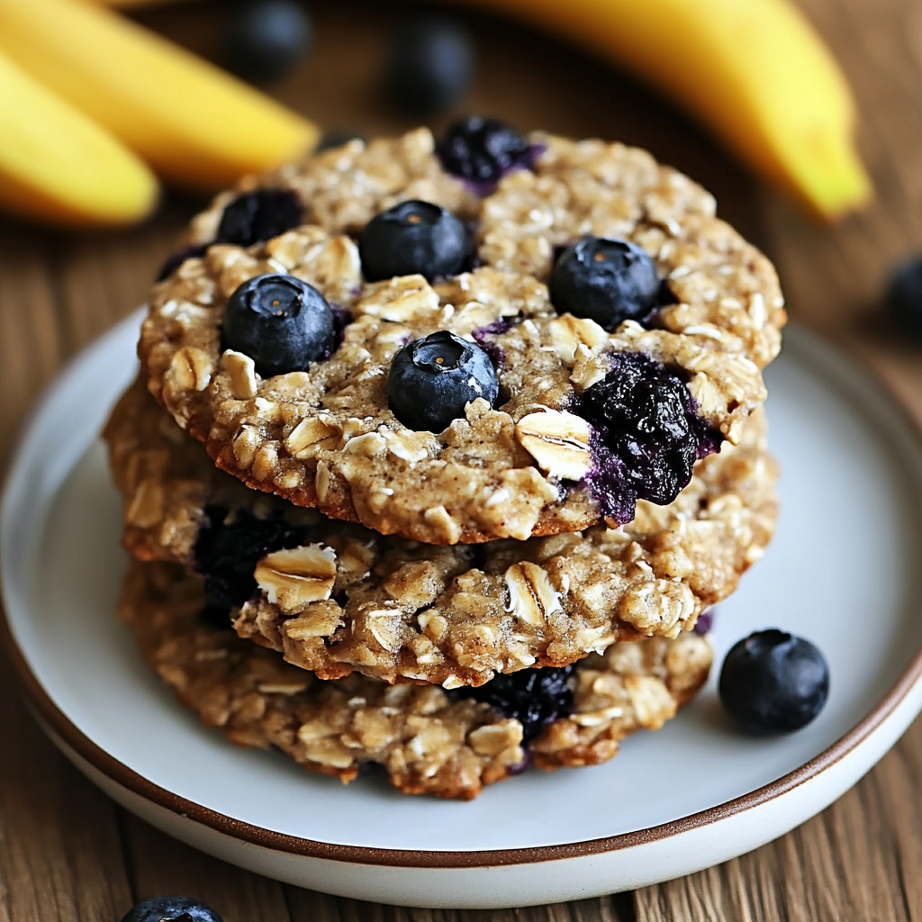 Gestapelte Blaubeerhaferkekse auf einen kleinen Teller.