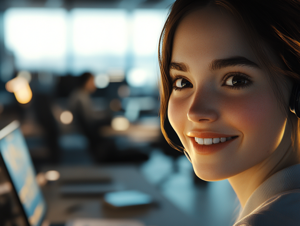 Ein junges 3D Mädchen in einem Office lächelt unnatürlich in die Kamera. 