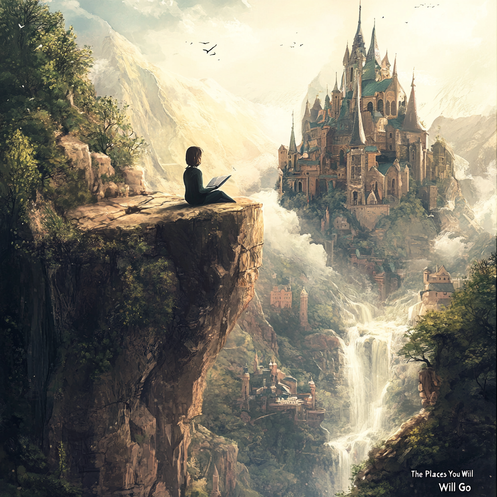 Ein Junge liest auf einer Klippe ein Buch. Im Hintergrund erstreckt sich ein Schloss gen Himmel.