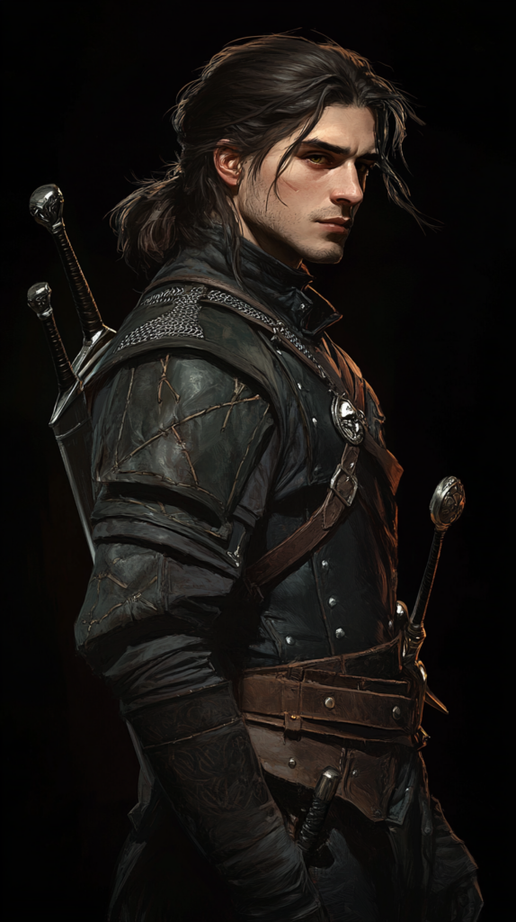 Ein junger Mann mit zurückgebundenen Haaren steht im Profil in seiiner Lederrüstung. Am Rücken sind zwei Schwerter.