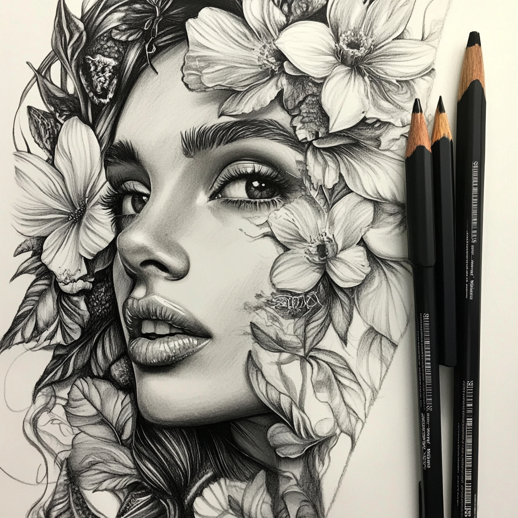 Portraitzeichnung einer Frau mit Blumen als Haare.