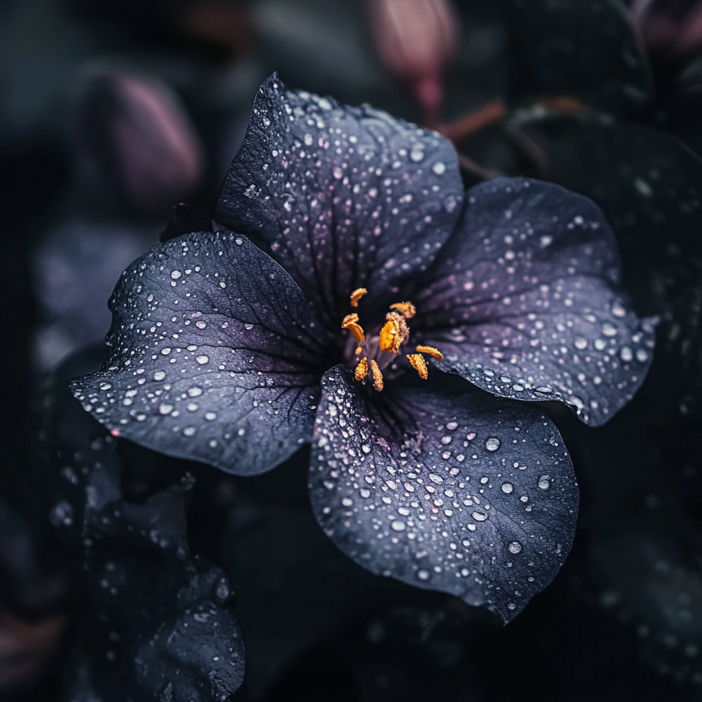 Eine dunkelblaue vierblättrige Fantasyblume, überzogen mit Regentropfen.