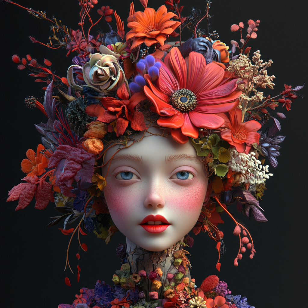 Eine Puppe mit unatürlichem Gesicht und rote Blumen auf dem Kopf.
